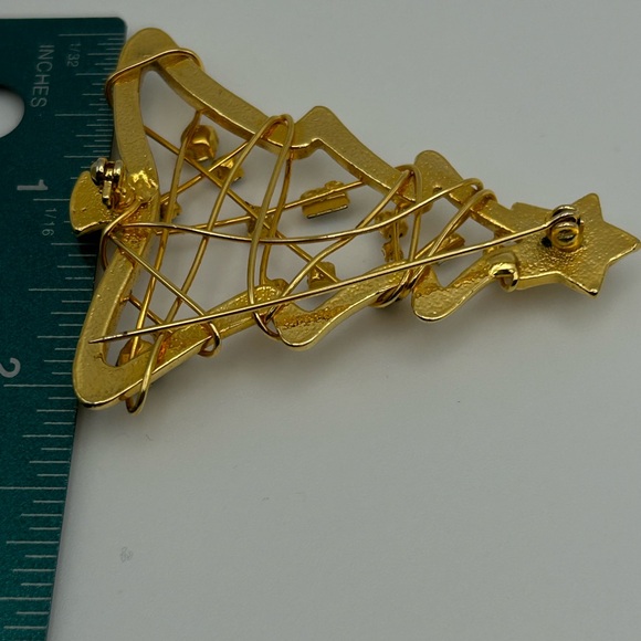 Statement Modernist Rhinestone Gold Tone Christmas Tree Holiday Brooch Pin - Picture 3 of 4
